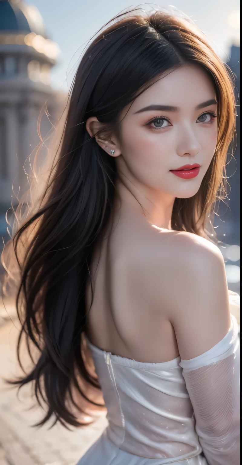 black hair, hair bobbles, wince, longeyelashes, solid circle eyes, light smile, ear blush, fang, ccurate, Surrealism, drop shadow, anaglyph, stereogram, tachi-e, ass pov, atmospheric perspective, 8K, super detail, best quality, best quality, high details, anatomically correct, uhd, retina, high quality, highres, textured skin, masterpiece, accurate, super detail, award winning,Paris , Storm scene, Edwardian Women in White, watercolor