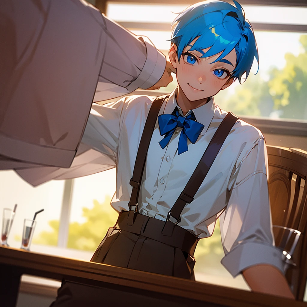 The boy has short blue hair, a white shirt, brown suspenders and shorts, a blue bow tie, and is sitting at a desk with a smile. He has blue eyes and tilts his head, holding a red wine glass with red wine in it.