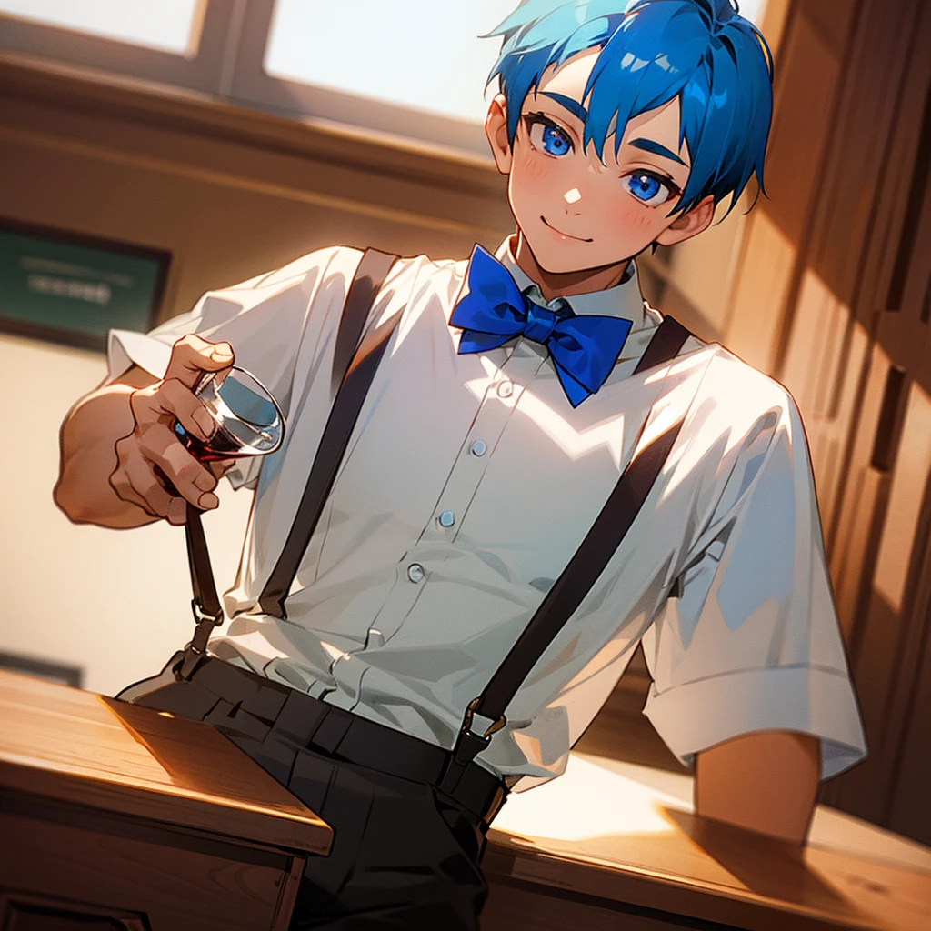 The boy has short blue hair, a white shirt, brown suspenders and shorts, a blue bow tie, and is sitting at a desk with a smile. He has blue eyes and tilts his head, holding a red wine glass with red wine in it.