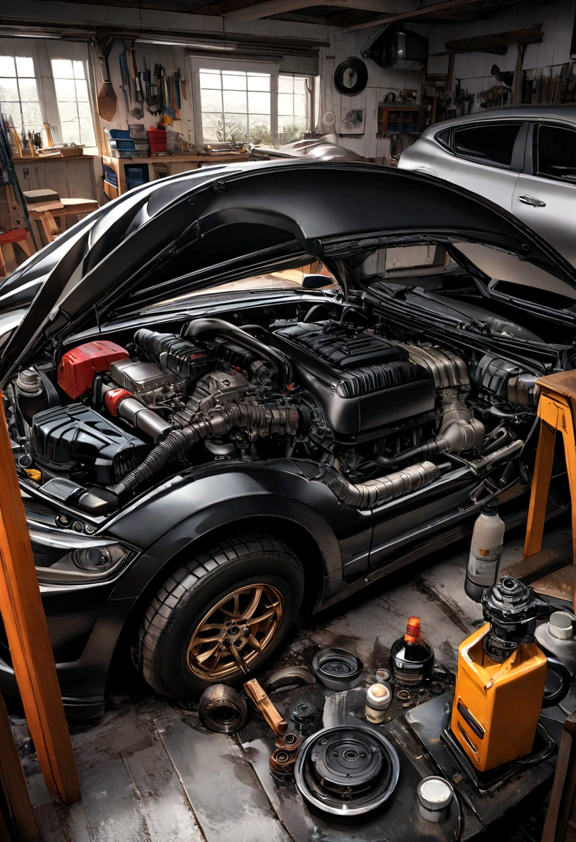 ultrarealistic image, Sports car inside a messy workshop, car engine, oil change
