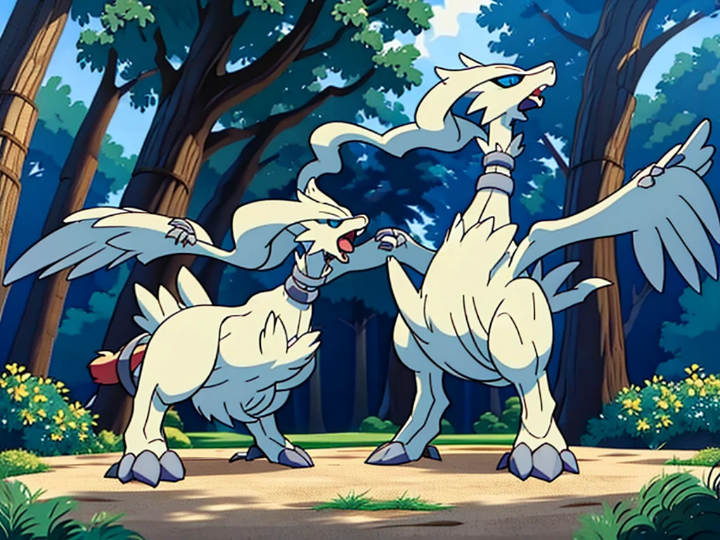 reshiram, anime, looking up, arms up, open mouth, tongue, full body, facing viewer, standing, sky, outdoors, forest, tree, bush