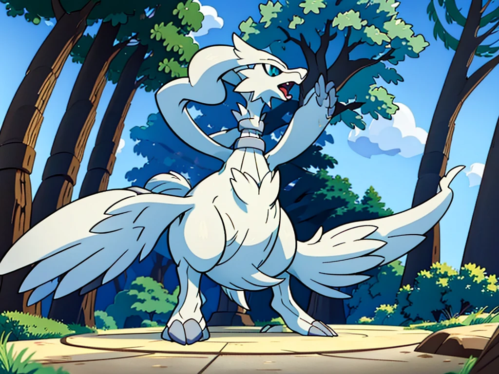 reshiram, anime, looking up, arms up, open mouth, tongue, full body, facing viewer, standing, sky, outdoors, forest, tree, bush