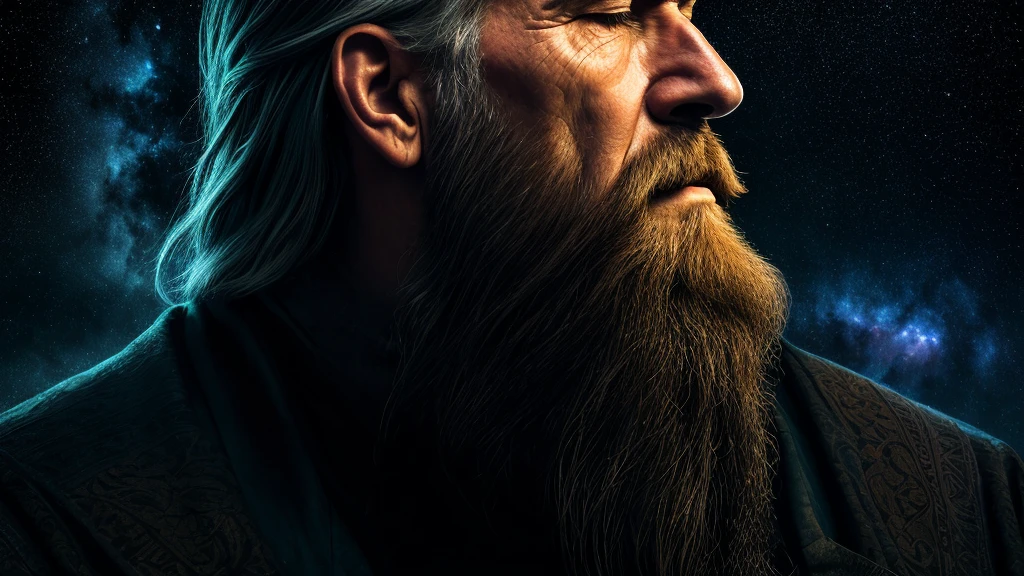 a wise old man with a long beard, eyes closed, deep in thought, a detailed brain floating next to him, realistic, highly detailed, 8k, cinematic lighting, dramatic atmosphere, stunning galaxy background, volumetric lighting, photorealistic, intricate details, sharp focus, vibrant colors, chiaroscuro lighting, dramatic shadows, moody, epic, masterpiece