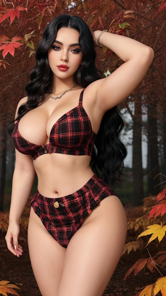Create an 8k, best quality, ultra high regulation image with a zoom on the camera, ensuring UHD resolution and sharp focus. Capture a masterpiece with a cinematic photoshoot of a professional, beautiful woman. She should have a big, heavy-weight chest, big round size chest, and a big bulging chest with deep cleavage and an exposed chest, with the focus on her beautiful, glowing chest. She should have a big body, plus size body, with a big curvy figure and a plump face. Her beautiful lips should have noticeable lip color and attractive makeup, including face makeup, deep eyeliner, light eyeshadow, long mascara, and thick lashes. She should look gorgeous and beautiful in a full-length frame, with a slim belly, tight stomach, and visible navel. She should have a big waist, high waist, thick thighs, and a thick waist, showcasing a high figure and a beautiful look. Her face should be beautiful with smooth, white, and spotless skin, black wavy hair styled with a detailed hair design and bright highlights. The image should be extremely detailed, showing her full body in detail, as she stands and poses, wearing a plaid crop-top style dress in red and black. Her eyes should be extremely detailed, shaped beautifully, and visible with big, clear, and unique eyes showing depth and attraction. The iris patterns, rings, and spokes should be clear, with a bright sclera and lively appearance. Her long, thick eyelashes and delicate framed eyes should be complemented by thick, well-shaped eyebrows. The background should depict a cozy autumn park with falling leaves.