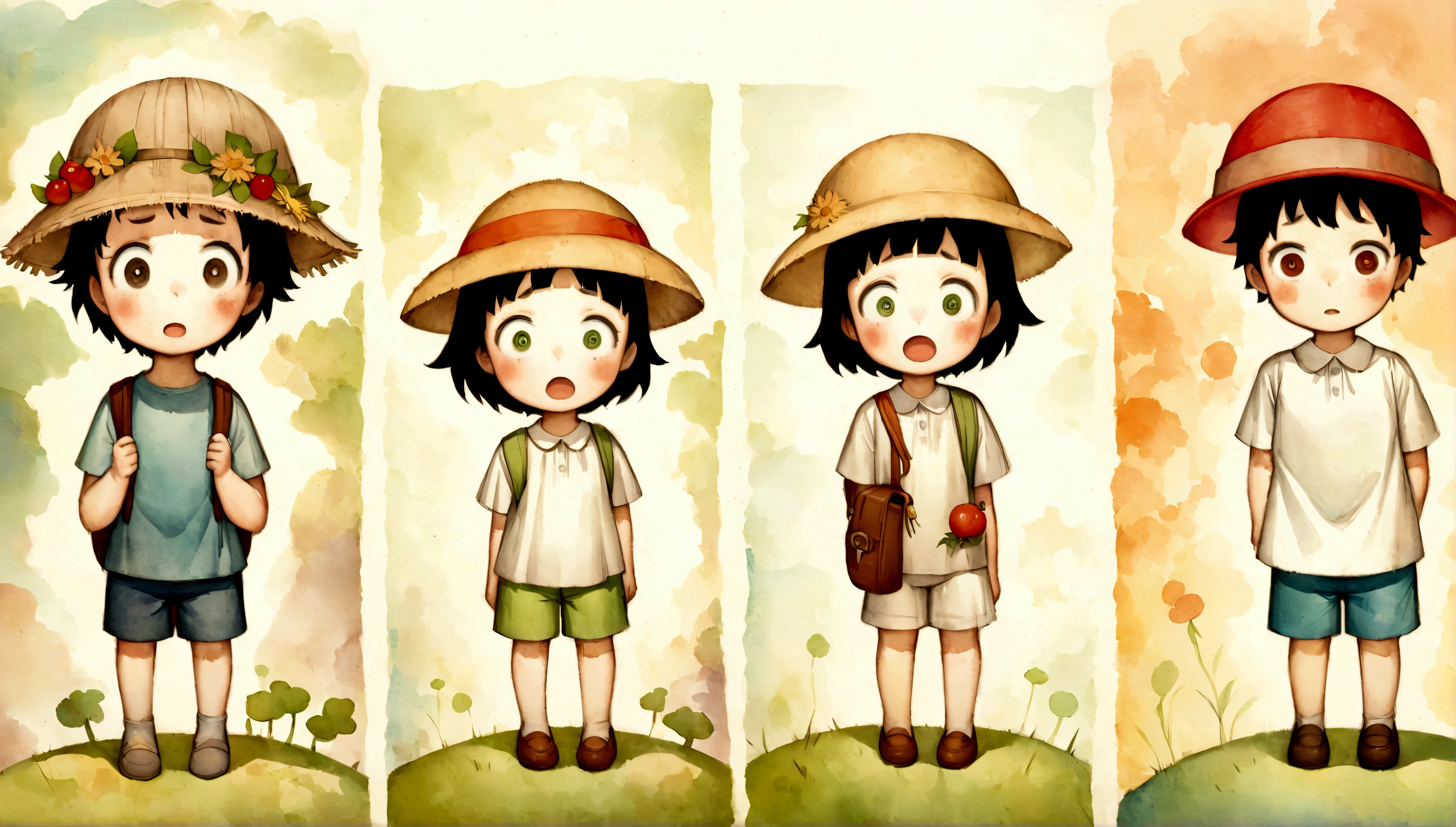 An illustration,(Draw the children with surprised expressions),(Children with open mouths and disappointed expressions),lowered eyebrows,children are wearing summer clothes,(The background is the garden of a house in town),This is a scene where the planned outing that I was looking forward to was cancelled.,The children are looking at me with puzzled expressions.,BREAK,children are carrying backpacks,straw hat,The children are dressed as if they are going on a field trip.,BREAK,cute illustration,surreal,artwork,Expressively,This is an illustration that looks like a picture book illustration.,draw with thick lines,Please draw with a gentle touch,Draw with pencil and watercolors,Gabriel Pacheco Style page,anatomically correct,perfect anatomy,structurally correct,Optimal configuration,Draw carefully to the details