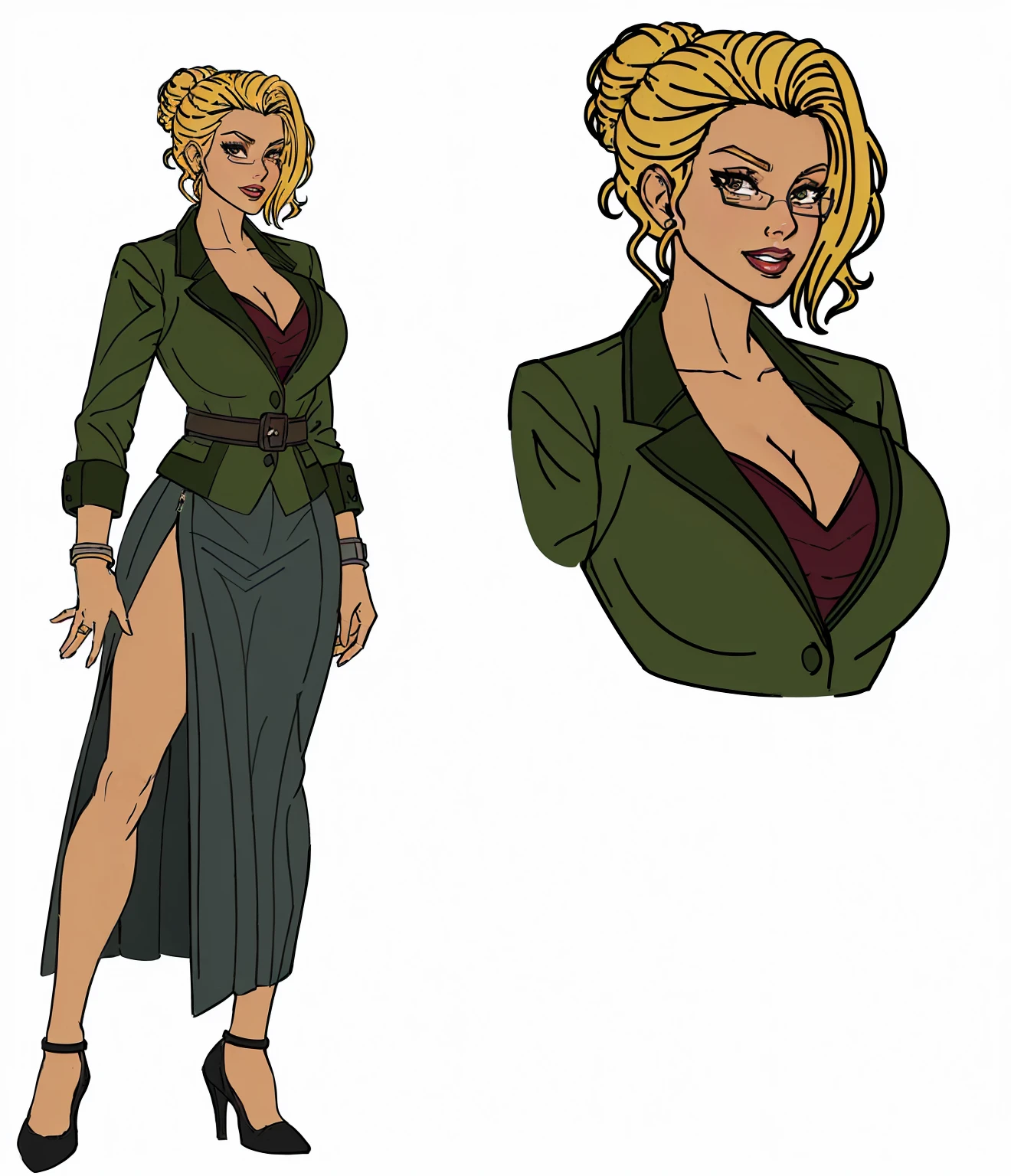 a close up of a cartoon of a woman in a skirt, sil from species, 90s comic book character design, official character art, anya from spy x family, comic character design, official character illustration, female lead character, comic character, character full body portrait, adult character, ( ( character concept art ) ), comic book character, full body character concept