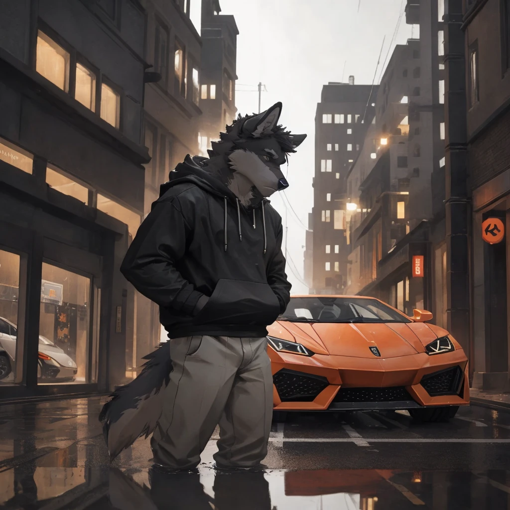 Male, males, wolf, black fur, white fur, short hair, 20 years old, hoodie, night, public, city streets, Lamborghini Aventador, rain, water drops, dramatic effect, dramatic light, shadow, shade, higlight, high quality, high details, High detailed image, high quality image, Very detailed shadows, high detail shadows, high details