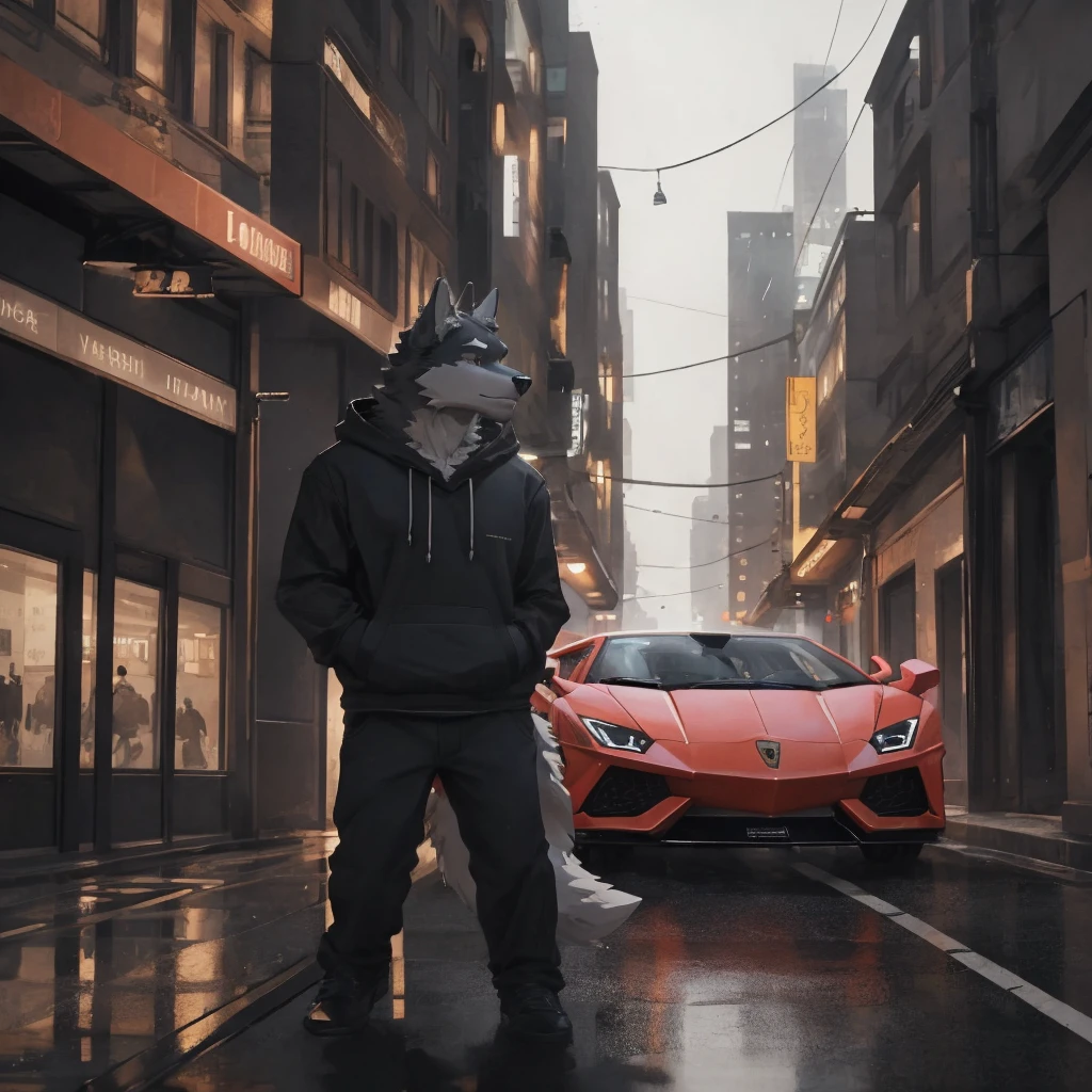 Male, males, wolf, black fur, white fur, short hair, 20 years old, hoodie, night, public, city streets, Lamborghini Aventador, rain, water drops, dramatic effect, dramatic light, shadow, shade, higlight, high quality, high details, High detailed image, high quality image, Very detailed shadows, high detail shadows, high details 