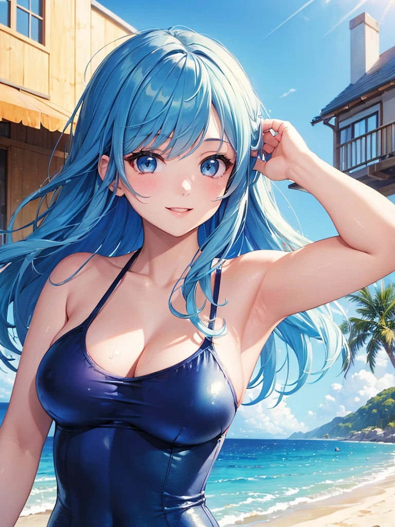 (masterpiece:1.5),(Beat quality),(high res),1girl solo,beautiful face,smile(shining eyes),upper body,light effects,Blue-haired woman in a swimsuit,Beach House