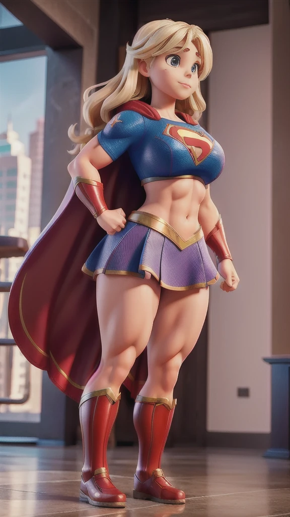 Busty cute girl, enormous breasts volume, (muscle strong arms and abs and legs), tight supergirl costume and cape