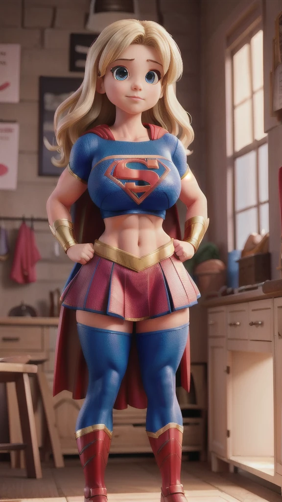Busty cute girl, enormous breasts volume, (muscle strong arms and abs and legs), tight supergirl costume and cape