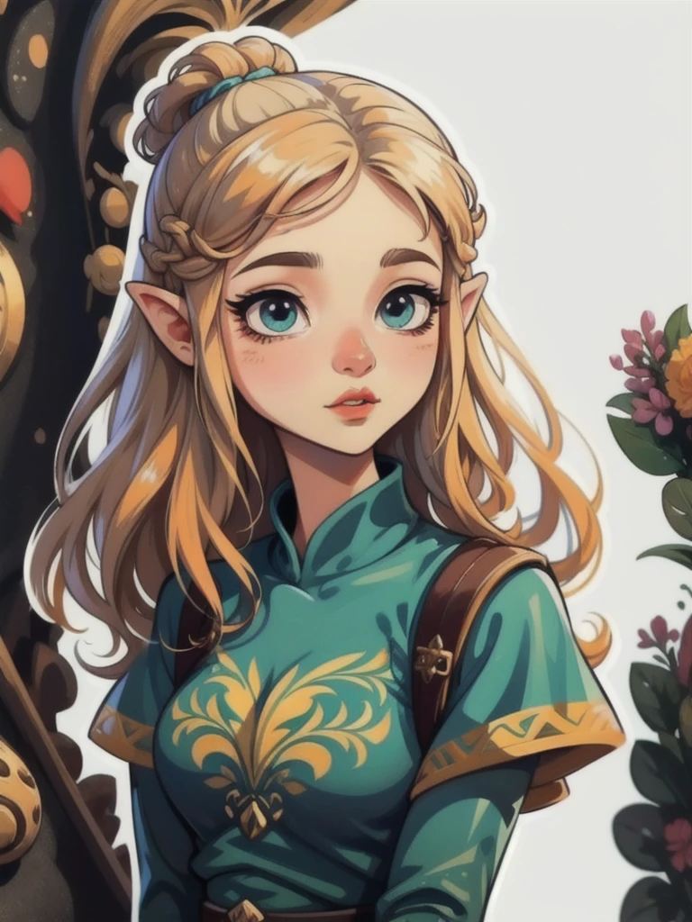 princess zelda, detailed face, beautiful detailed eyes, beautiful detailed lips, extremely detailed face, long eyelashes, upper body, random background color, plain background, (sticker)
