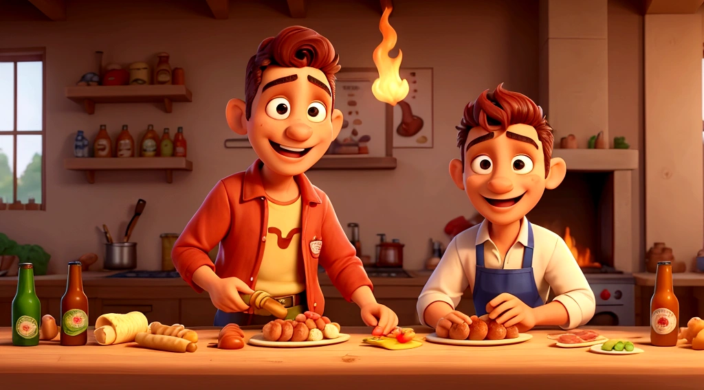 there is a man holding a bowl of sausages and a bottle of beer, pichacu cooks a squid, sausages, with some sausages on the fire, edon guraziu, chorizo sausage, caio santos, yan gisuka, very very happy!, by Nándor Katona, sausage, covered in organic flesh meat, 2 3 years old