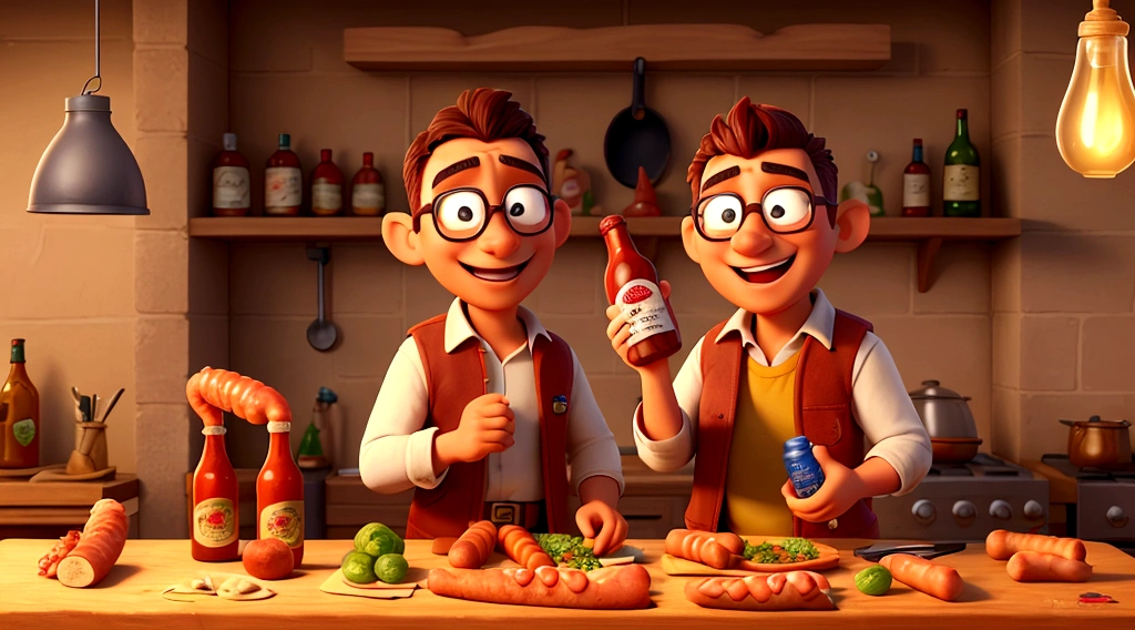 there is a man holding a bowl of sausages and a bottle of beer, pichacu cooks a squid, sausages, with some sausages on the fire, edon guraziu, chorizo sausage, caio santos, yan gisuka, very very happy!, by Nándor Katona, sausage, covered in organic flesh meat, 2