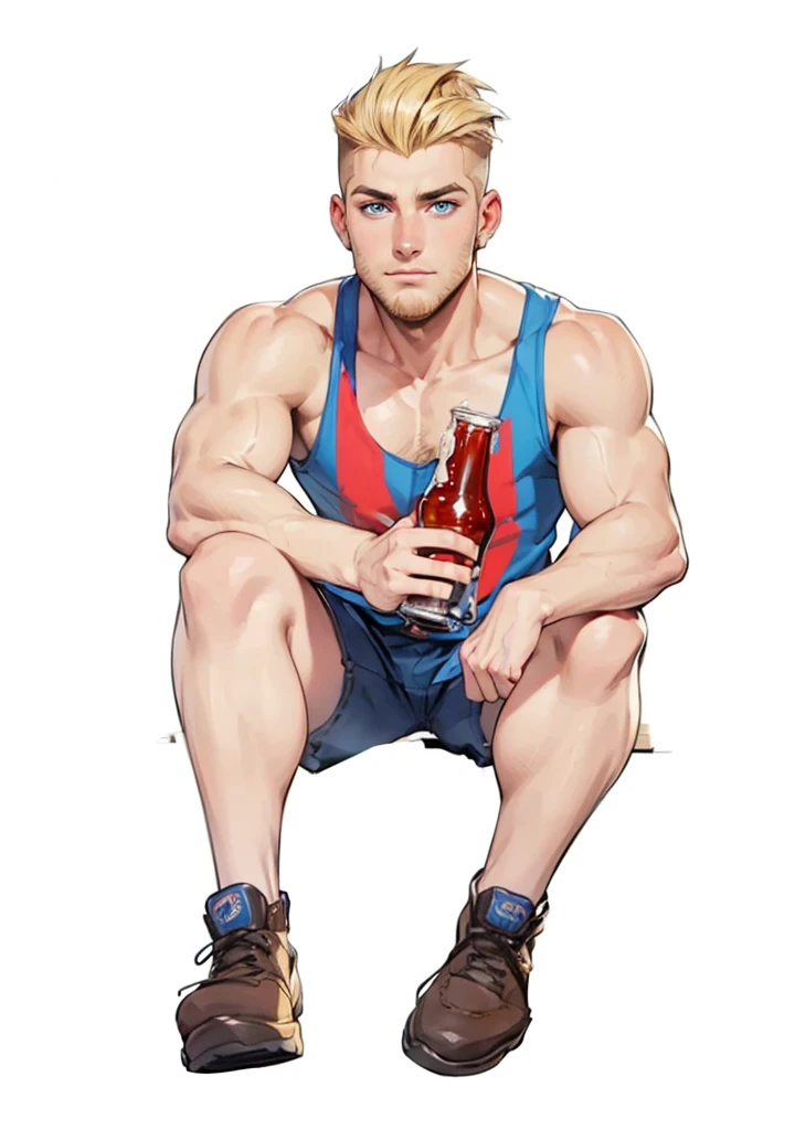 boy, 19 years old, very handsome, beautiful face, blue eyes, blond hair, shaved on the sides, visible muscles, thin beard and sideburns, sitting with a beer in his hand, looking