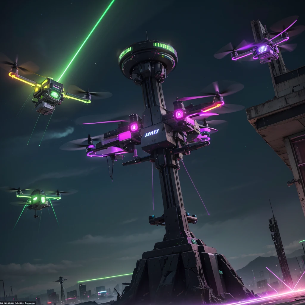 Amidst the chaos, hovering neon drones with sleek, angular designs patrol the skies. Their laser beams crisscross the air, casting eerie glows on the wounded parasite. These drones are the last remnants of a once-advanced civilization, now reduced to mere guardians of a dying world.