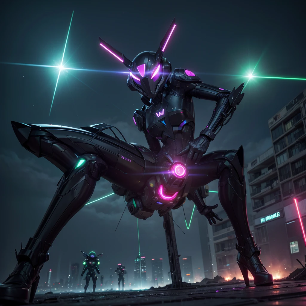 Amidst the chaos, hovering neon drones with sleek, angular designs patrol the skies. Their laser beams crisscross the air, casting eerie glows on the wounded parasite. These drones are the last remnants of a once-advanced civilization, now reduced to mere guardians of a dying world. 