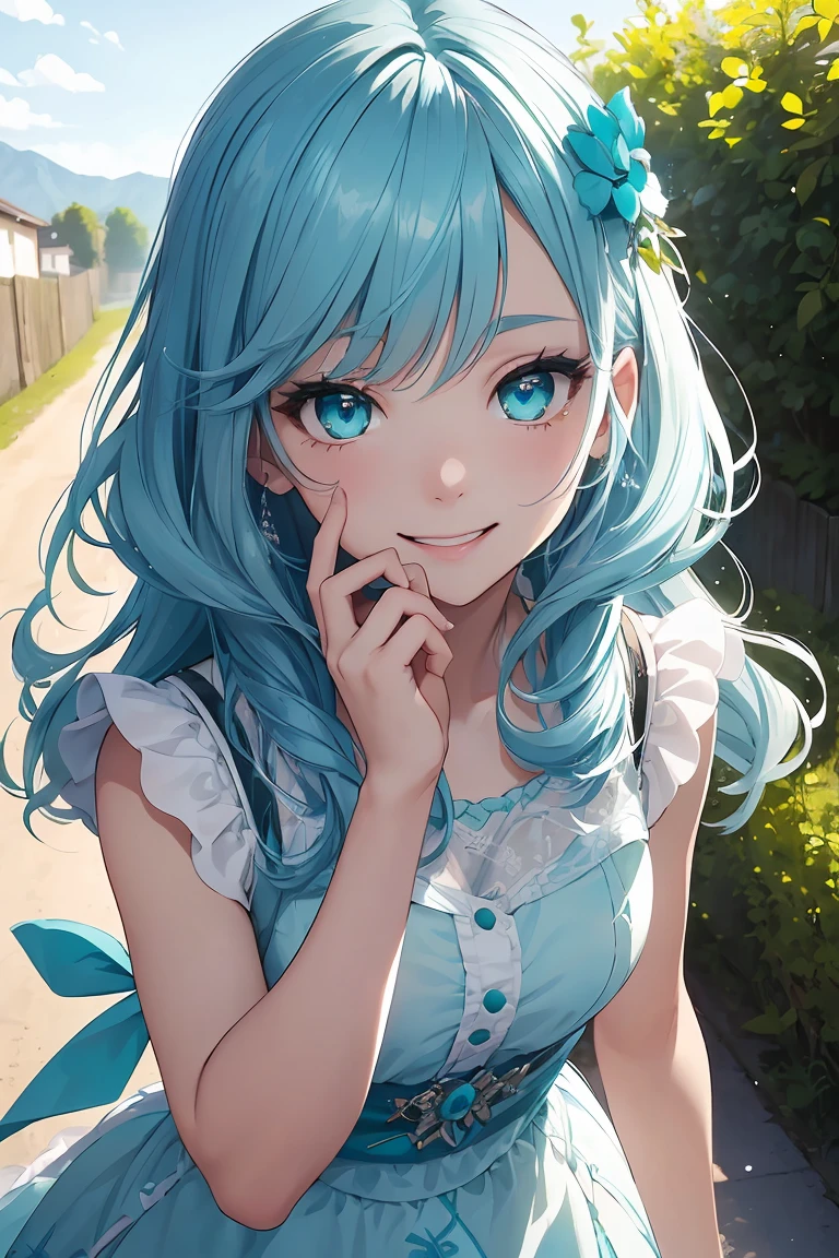 ((1 Girl)), Gentle drawing, Latest Fashion Trends, seems to be happy, Street fashion,spring breeze,pastel colour,Small Flower,Swaying in the Wind,Soft material,Frills,sunlight,Field,Country Style,garden , Cowboy Shot,((Very detailed,Highest quality, High resolution, 8k wallpaper, Beautiful clothes,)),((Midnight Blue Hair, Twin Hair)), (teeth), Grinning face, eye shadow, eyeliner, Very detailedな目, Clear Eyes, Beautiful Eyes, ((Sparkling turquoise eyes)), 18-year-old girl