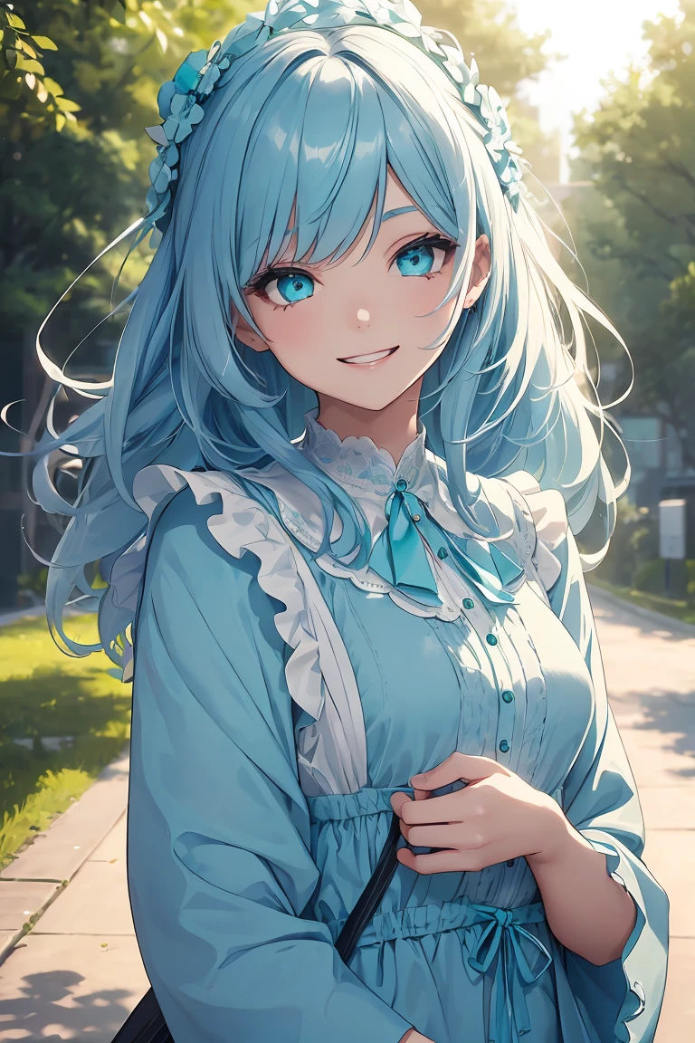 ((1 Girl)), Gentle drawing, Latest Fashion Trends, seems to be happy, Street fashion,spring breeze,pastel colour,Small Flower,Swaying in the Wind,Soft material,Frills,sunlight,Field,Country Style,garden , Cowboy Shot,((Very detailed,Highest quality, High resolution, 8k wallpaper, Beautiful clothes,)),((Midnight Blue Hair, Twin Hair)), (teeth), Grinning face, eye shadow, eyeliner, Very detailedな目, Clear Eyes, Beautiful Eyes, ((Sparkling turquoise eyes)), 18-year-old girl