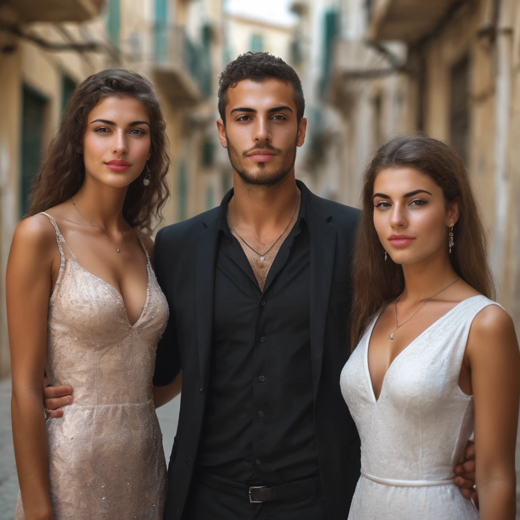 Beau,male,Israeli,Man surrounded by 2 very pretty friends dressed in evening dress