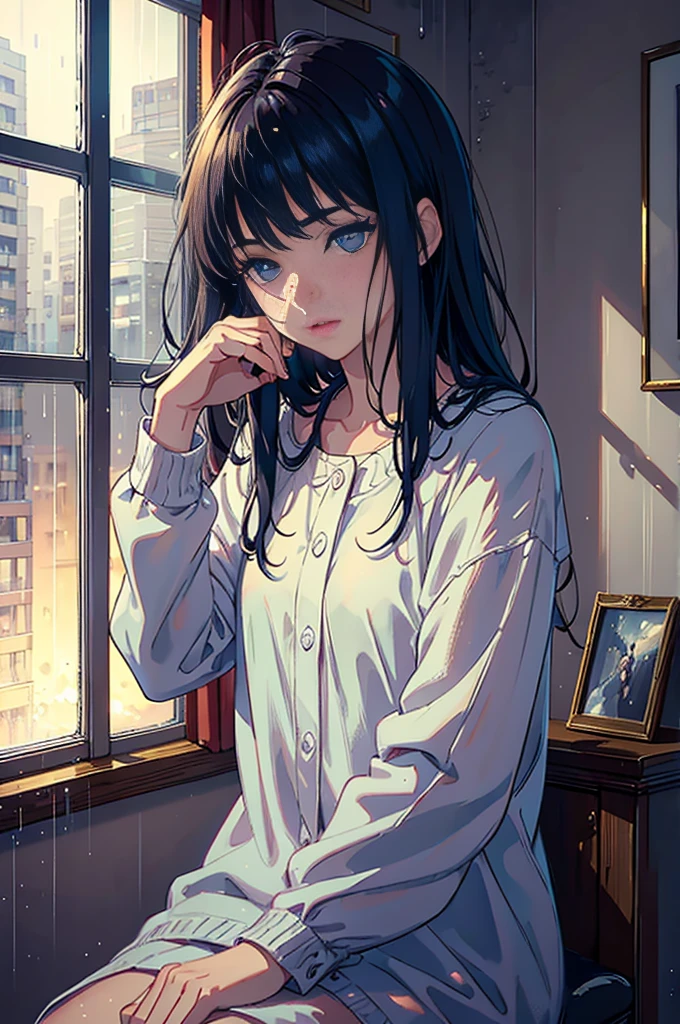 a young boy studying in his room while listening to music on a rainy day, beautiful detailed eyes, beautiful detailed lips, extremely detailed eyes and face, long eyelashes, focused expression, sitting by the window, rain outside, warm lighting, cozy atmosphere, relaxed pose, ambient music, digital art, cinematic lighting, photorealistic, 8k, hyper detailed, masterpiece, vibrant colors, soft lighting, atmospheric, moody, contemplative