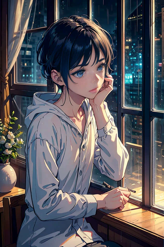 a young boy studying in his room while listening to music on a rainy day, beautiful detailed eyes, beautiful detailed lips, extremely detailed eyes and face, long eyelashes, focused expression, sitting by the window, rain outside, warm lighting, cozy atmosphere, relaxed pose, ambient music, digital art, cinematic lighting, photorealistic, 8k, hyper detailed, masterpiece, vibrant colors, soft lighting, atmospheric, moody, contemplative