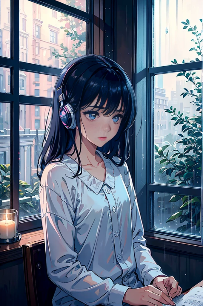a young boy studying in his room while listening to music on a rainy day, beautiful detailed eyes, beautiful detailed lips, extremely detailed eyes and face, long eyelashes, focused expression, sitting by the window, rain outside, warm lighting, cozy atmosphere, relaxed pose, ambient music, digital art, cinematic lighting, photorealistic, 8k, hyper detailed, masterpiece, vibrant colors, soft lighting, atmospheric, moody, contemplative
