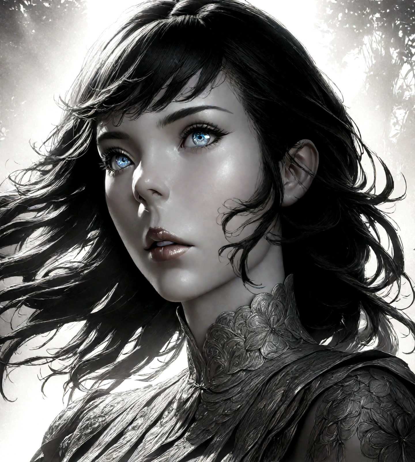 1 girl, beautiful detailed eyes, beautiful detailed lips, extremely detailed face and features, long eyelashes, elegant graceful pose, cinematic lighting, , intricate floral details, photorealistic, 8k, best quality, cinematic, dramatic lighting, fantasy art style, lineart, sketch, black and white