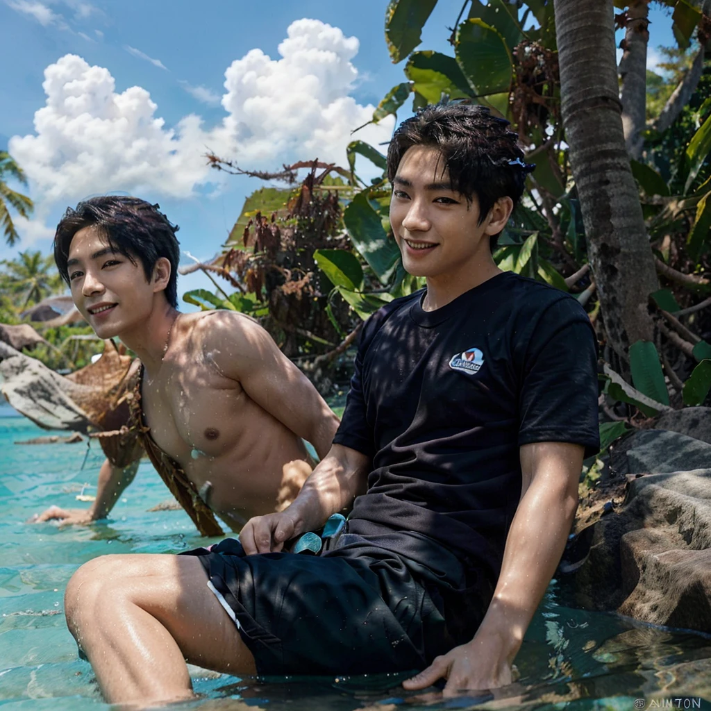 side view a cute korean man wearing a purple t-shirt with coconut tress logo and black shorts, smiling and sitting on a big rock, feet submerged in water on the beach with a background of choppy sea water, coconut trees, bright blue sky and white clouds, best foto, ultra HD 16k, candid foto, shoot with canon camera, high resolution
