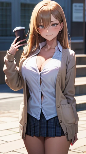 (masterpiece:1.2, top-quality), (realistic, photorealistic:1.4), beautiful illustration, (natural side lighting, movie lighting),
looking at viewer, 1 girl, japanese, high school girl, perfect face, cute and symmetrical face, shiny skin, babyface,
(long hair, straight hair, sideburns, (blond hair)), swept bangs, blue eyeiddle , seductive thighs, BIG ASS), pcings,
beautiful hair, beautiful face, beautiful detailed eyes, beautiful clavicle, beautiful body, beautiful chest, beautiful thigh, beautiful legs, beautiful fingers,
(((brown cardigan, close clothes), white collared shirt, black plaid pleated miniskirt)),
(beautiful scenery), evening, (caffee shop), standing, (lovly smile, upper eyes), Huge breasts:1.