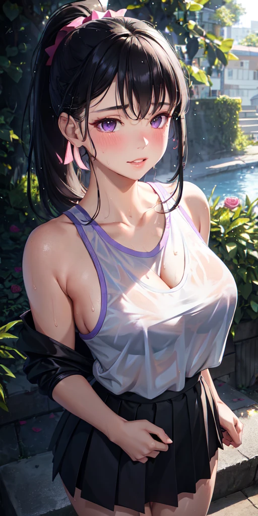 realistic, 1girl, ponytail, parted lips, blush, makeup, light smile, black hair, sportswear, skirt, wet clothes, glow, thighs, purple eye, bare shoulders, collarbone, narrow waist, sunbeam, sunlight, rose, wind, cleavage, (masterpiece), sweat,