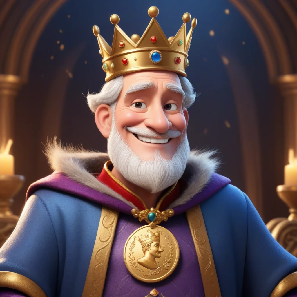 The character is somewhat inspired by Disney Pixar, he wears a crown, smiles, look at me, old man, the character in profile and full face, two images of the same king, (The king holds a coin with his image), high-quality rendering,