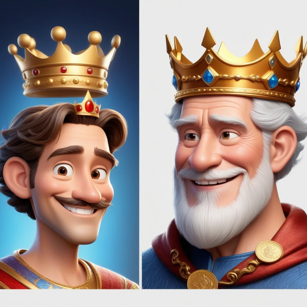 The character is somewhat inspired by Disney Pixar, he wears a crown, smiles, look at me, old man, the character in profile and full face, two images of the same king, (The king holds a coin with his image), high-quality rendering,