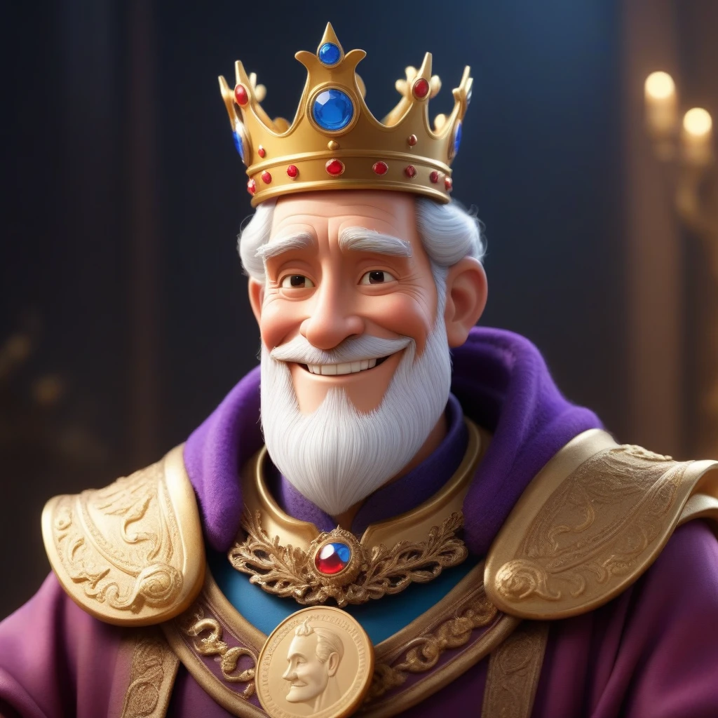 The character is somewhat inspired by Disney Pixar, he wears a crown, smiles, look at me, old man, the character in profile and full face, two images of the same king, (The king holds a coin with his image), high-quality rendering, 