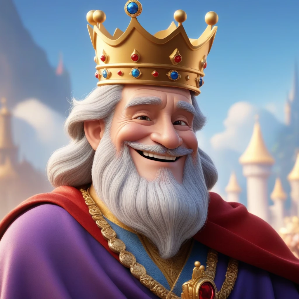 The character is somewhat inspired by Disney Pixar, he wears a crown, smiles, look at me, old man, the character in profile and full face, two images of the same king, (The king holds a coin with his image), high-quality rendering, 
