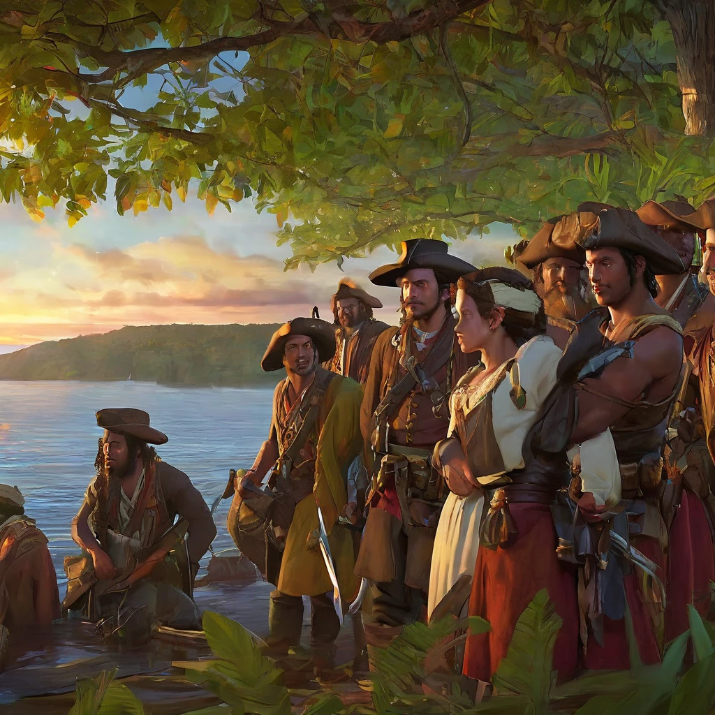 Australia in 1788 during the first colonization meeting, with indigenous Australians interacting with British settlers. Capture the scene with maximum quality and realistic style, highlighting coastlines and bays in a highly detailed landscape. Lighting should be soft and natural, reflecting the dawn sun on the water. Use 4K resolution to ensure sharpness, with a beautiful bokeh effect that subtly blurs the background to focus attention on the characters and details in the foreground. Add detailed textures to vegetation and water, as well as authentic facial expressions and clothing for both groups, creating an immersive and authentic atmosphere of this historical moment.