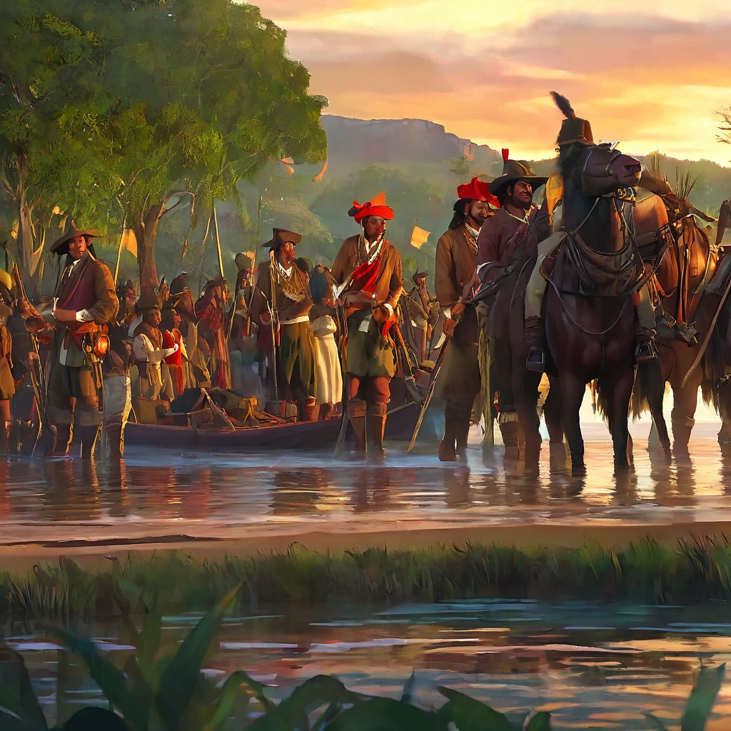 Australia in 1788 during the first colonization meeting, with indigenous Australians interacting with British settlers. Capture the scene with maximum quality and realistic style, highlighting coastlines and bays in a highly detailed landscape. Lighting should be soft and natural, reflecting the dawn sun on the water. Use 4K resolution to ensure sharpness, with a beautiful bokeh effect that subtly blurs the background to focus attention on the characters and details in the foreground. Add detailed textures to vegetation and water, as well as authentic facial expressions and clothing for both groups, creating an immersive and authentic atmosphere of this historical moment.