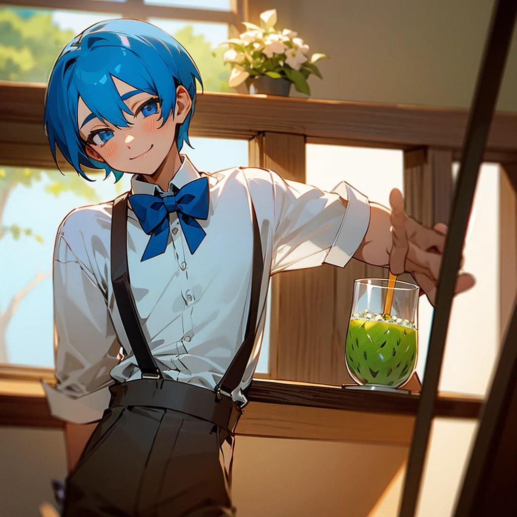 Boy with short blue hair, white shirt, brown shorts with suspenders, blue bow tie, smiling, blue eyes, tilting his head, drinking, a plate of melon seeds on the table, a cup on the table