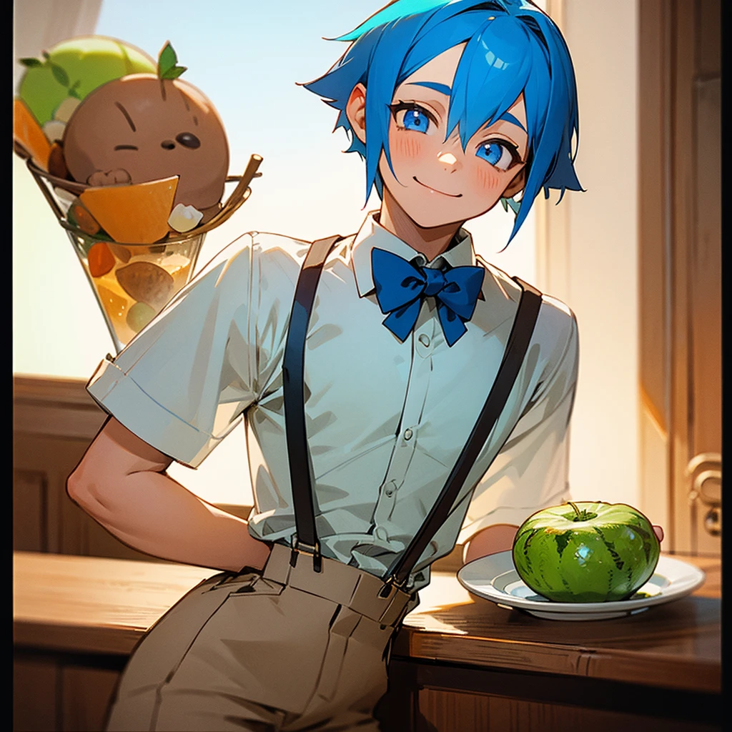 Boy with short blue hair, white shirt, brown shorts with suspenders, blue bow tie, smiling, blue eyes, tilting his head, drinking, a plate of melon seeds on the table, a cup on the table