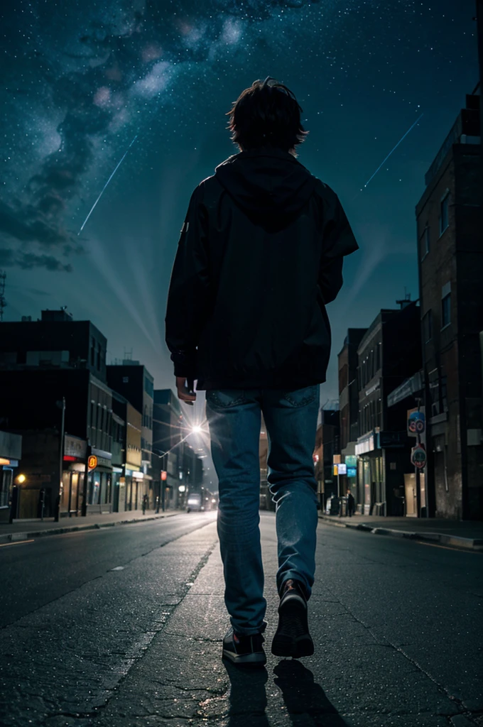 Anime boy walking on road at night with city background, Beautiful starry sky,Shining starry sky,Glowing stars,4 k manga wallpaper, Best Anime 4K Wallpapers, anime style 4 k, Anime art wallpaper 8k, anime art wallpaper 4k, anime art wallpaper 4k, 4k anime wallpaper, anime style cityscape, anime wallpaper 4k, The highest image quality,UHD,