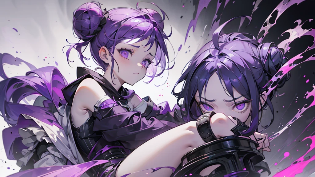 boy. thoughtful look. open forehead. black and purple hair tied in a bun on the left side to one side. sinuous black horns wrapped in dark purple ribbon. pale violet eyes. in short dark purple shorts. long white T-shirt. dark purple knee-high socks. dark_purple long coat with hood. древние dark_purple stone walls purple light from lamps on an old piano