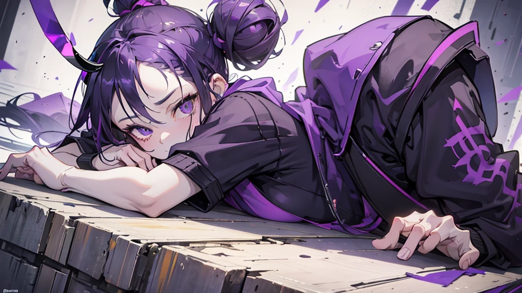 boy. thoughtful look. open forehead. black and purple hair tied in a bun on the left side to one side. sinuous black horns wrapped in dark purple ribbon. pale violet eyes. in short dark purple shorts. long white T-shirt. dark purple knee-high socks. dark_purple long coat with hood. древние dark_purple stone walls purple light from lamps on an old piano