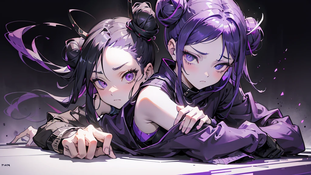 boy. thoughtful look. open forehead. black and purple hair tied in a bun on the left side to one side. sinuous black horns wrapped in dark purple ribbon. pale violet eyes. in short dark purple shorts. long white T-shirt. dark purple knee-high socks. dark_purple long coat with hood. древние dark_purple stone walls purple light from lamps on an old piano
