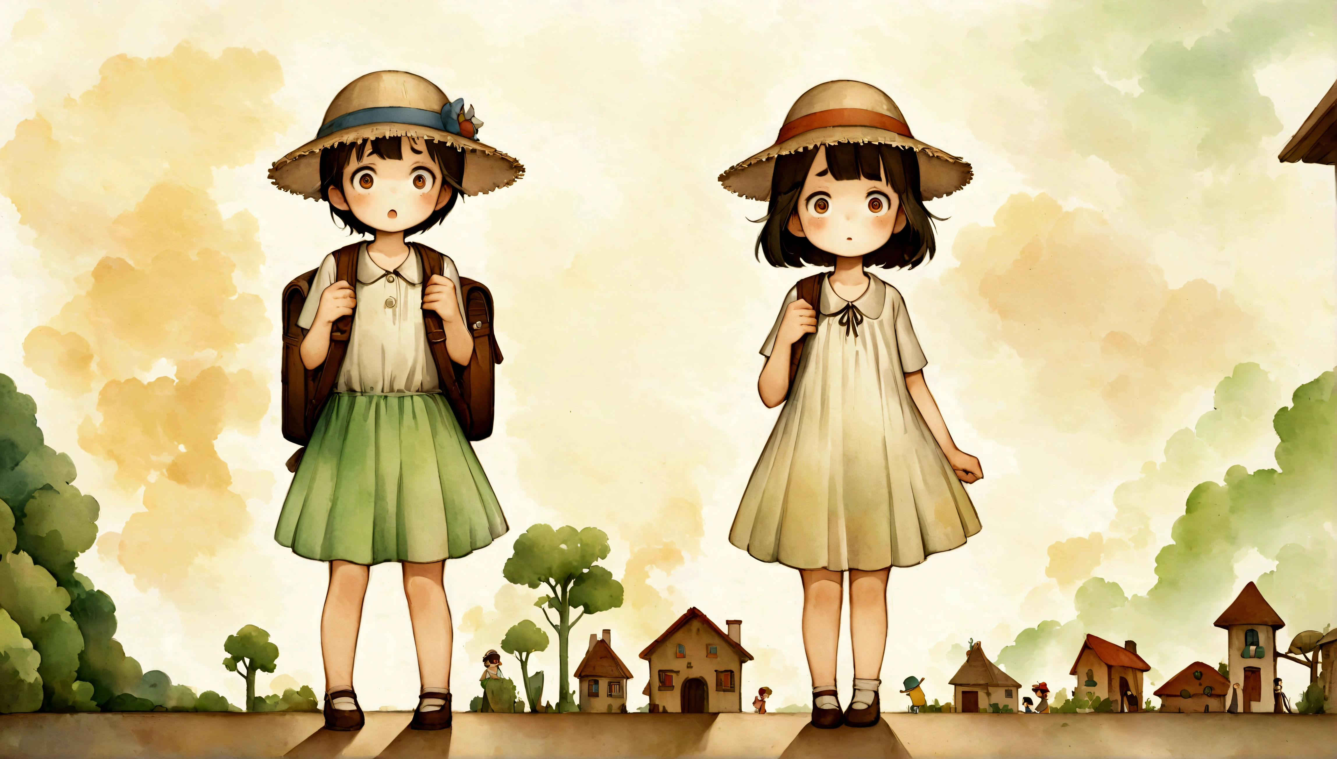 An illustration,(Draw the children with surprised expressions),(Children with open mouths and disappointed expressions),lowered eyebrows,children are wearing summer clothes,(The background is the garden of a house in town),This is a scene where the planned outing that I was looking forward to was cancelled.,The children are looking at me with puzzled expressions.,BREAK,children are carrying backpacks,straw hat,The children are dressed as if they are going on a field trip.,BREAK,cute illustration,surreal,artwork,Expressively,This is an illustration that looks like a picture book illustration.,draw with thick lines,Please draw with a gentle touch,Draw with pencil and watercolors,Gabriel Pacheco Style page,anatomically correct,perfect anatomy,structurally correct,Optimal configuration,Draw carefully to the details