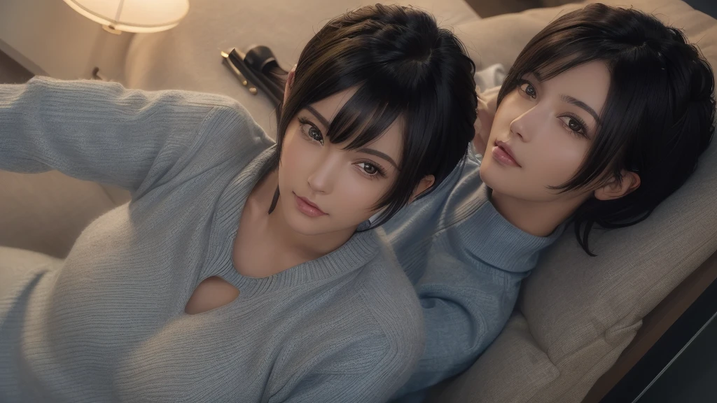 (masterpiece:1.3), (8K, Realistic, RAW Photos, Highest quality: 1.4), (One girl), Beautiful Face, (Realistic Face), (Black Hair, short hair:1.3), Beautiful hairstyle, Realistic eyes, Beautiful attention to detail, (Realistic Skin), Beautiful Skin, (sweater), Absurd, Charm, Ultra-high resolution, Ultra-realistic, Very detailed, Golden Ratio