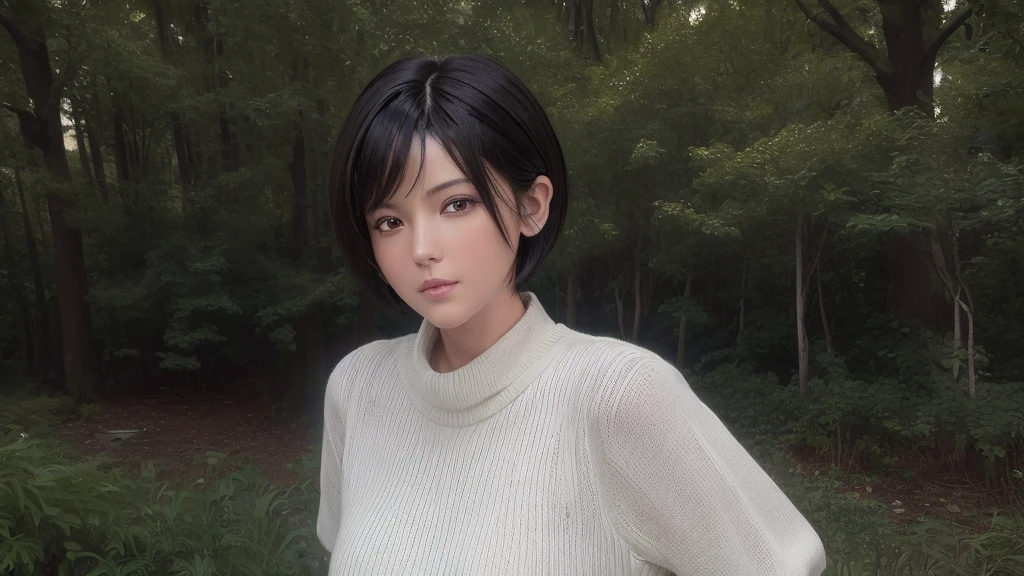 (masterpiece:1.3), (8K, Realistic, RAW Photos, Highest quality: 1.4), (One girl), Beautiful Face, (Realistic Face), (Black Hair, short hair:1.3), Beautiful hairstyle, Realistic eyes, Beautiful attention to detail, (Realistic Skin), Beautiful Skin, (sweater), Absurd, Charm, Ultra-high resolution, Ultra-realistic, Very detailed, Golden Ratio