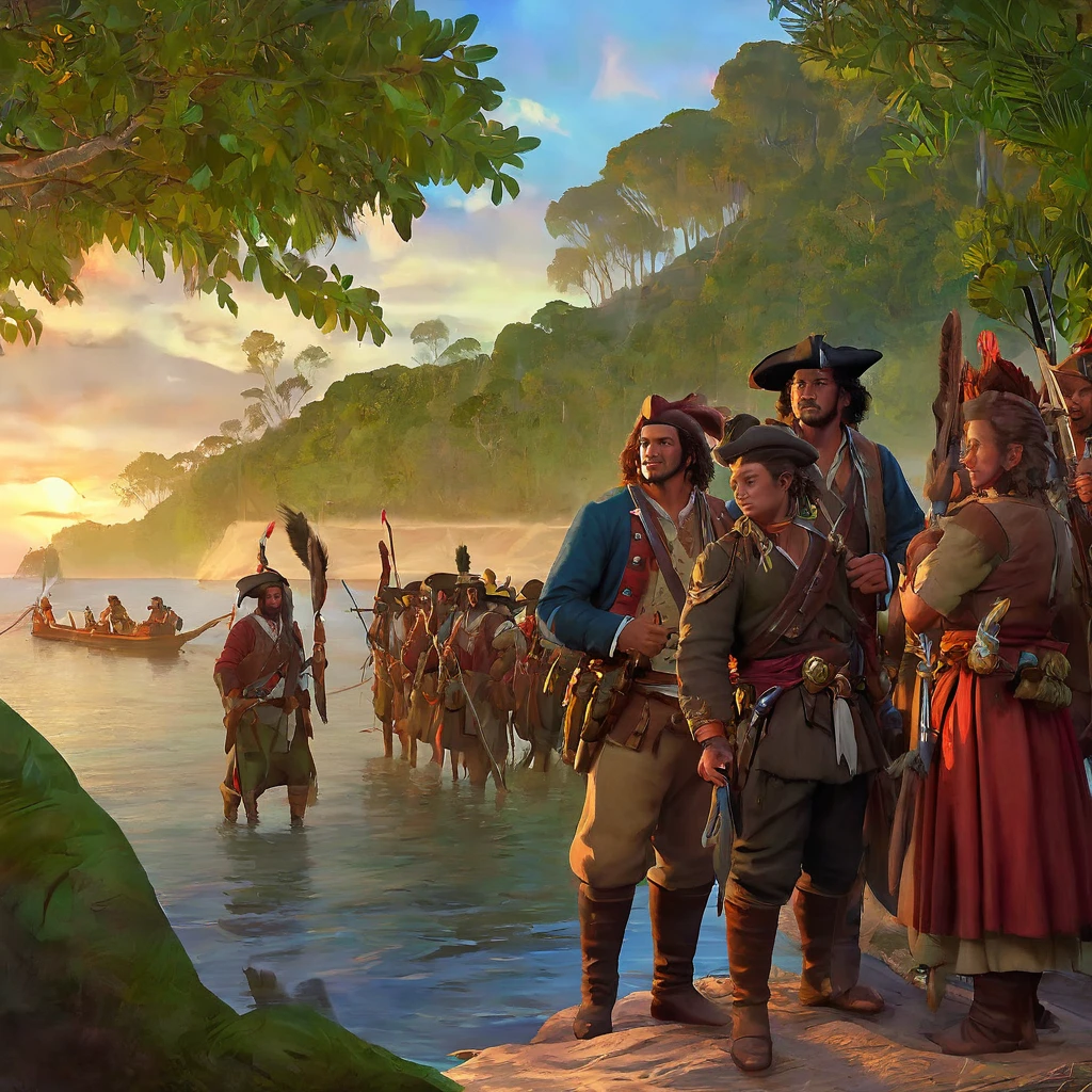 Australia in 1788 during the first colonization meeting, with indigenous Australians interacting with British settlers. Capture the scene with maximum quality and realistic style, highlighting coastlines and bays in a highly detailed landscape. Lighting should be soft and natural, reflecting the dawn sun on the water. Use 4K resolution to ensure sharpness, with a beautiful bokeh effect that subtly blurs the background to focus attention on the characters and details in the foreground. Add detailed textures to vegetation and water, as well as authentic facial expressions and clothing for both groups, creating an immersive and authentic atmosphere of this historical moment.