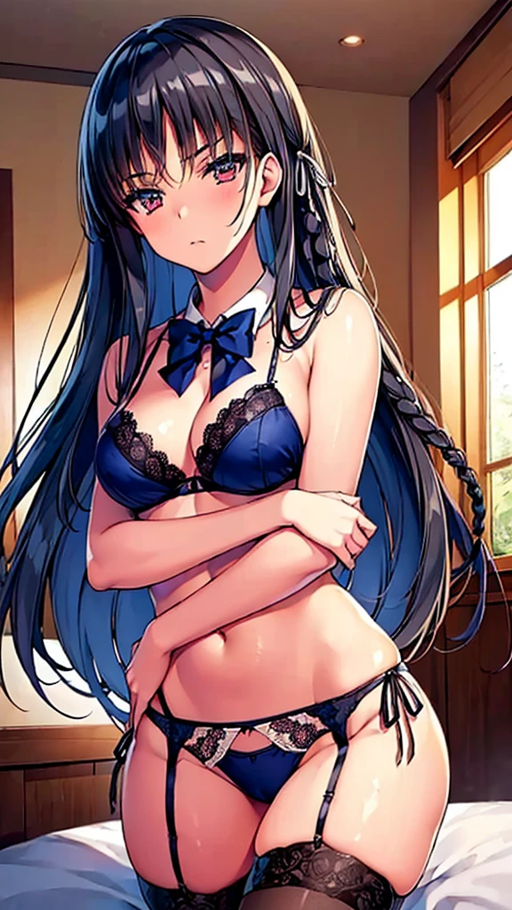 (masterpiece, best quality:1.4), (ultra detailed:1.4), (detailed beautiful face and eyes:1.4), perfect anatomy, nsfw, 
1girl,
Suzune Horikita, 
Suzune Horikita \(youjitsu\),
long hair, braid, 
black hair, 
red eyes, slant eyes, small eyes, 
blue bow, 
medium breasts, seductive pose, pink lingerie,lace-trimmed bra, (garter belt:1.3), thighhighs, cleavage, side-tie panties,(special occasion thong panties:1.3),  from below,
looking at viewer, 
cowboy shot, indoor, lie on the bed, 


perfect light, 
