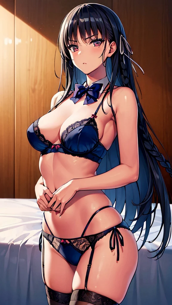 best quality,nsfw,low twintails,small breasts,bra(plaid bra),panties(striped panties)