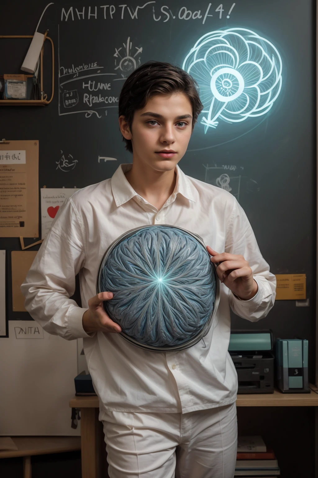 A beautiful young man, a cute male twink, with black hair, a face with reddish make-up, wearing a bright white long-sleeved shirt and aqua blue pants. He is in his office, and behind him is a blackboard on which is written the shape of the brain and its anatomy, and nuclear energy emerges from it, and in his hand is a magic wand.